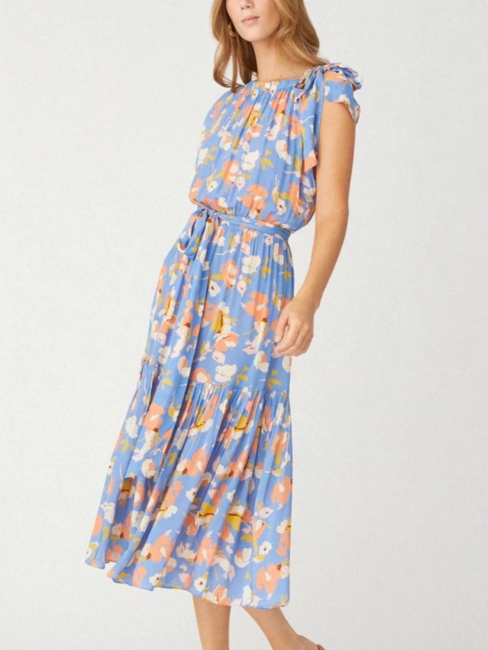 Shoshanna Peony Dress Slate Blue Multi Maxi Floral side shoulder tie belt Sz 10 - Picture 1 of 15